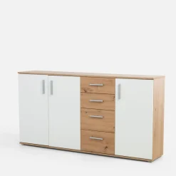 FORTE Komody^Komoda 3-drzwiowa z 4 szufladami IKOLI biała dąb artisan