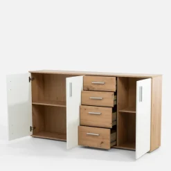 FORTE Komody^Komoda 3-drzwiowa z 4 szufladami IKOLI biała dąb artisan