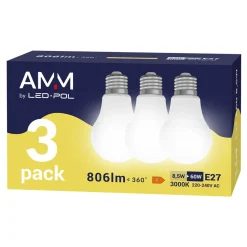 LED-POL Komplet 3 żarówek LED E27 8,5W barwa ciepła AMM-E27-A60-8,5W-WW