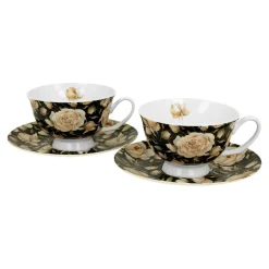 Hot Komplet 2 filiżanek ze spodkami ROYAL ENGLISH ROSES BLACK 250 ml